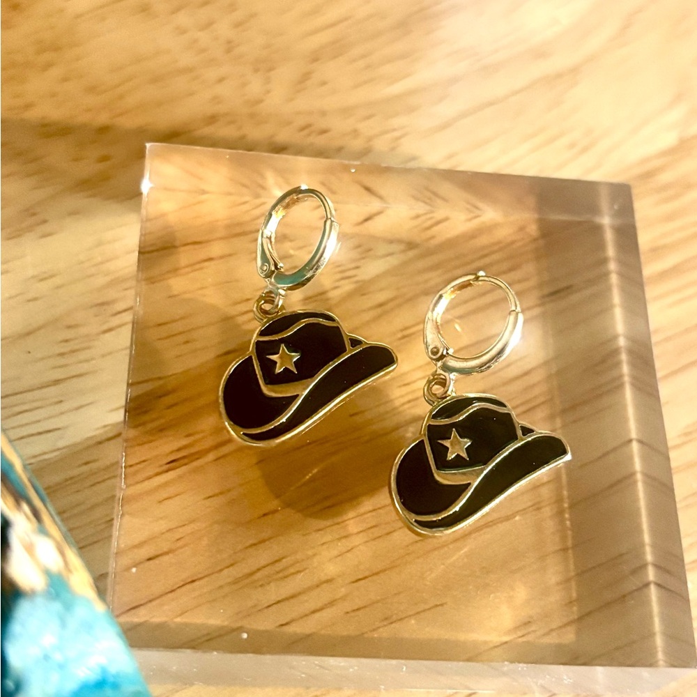 Gold and Black Cowboy Hat Earrings